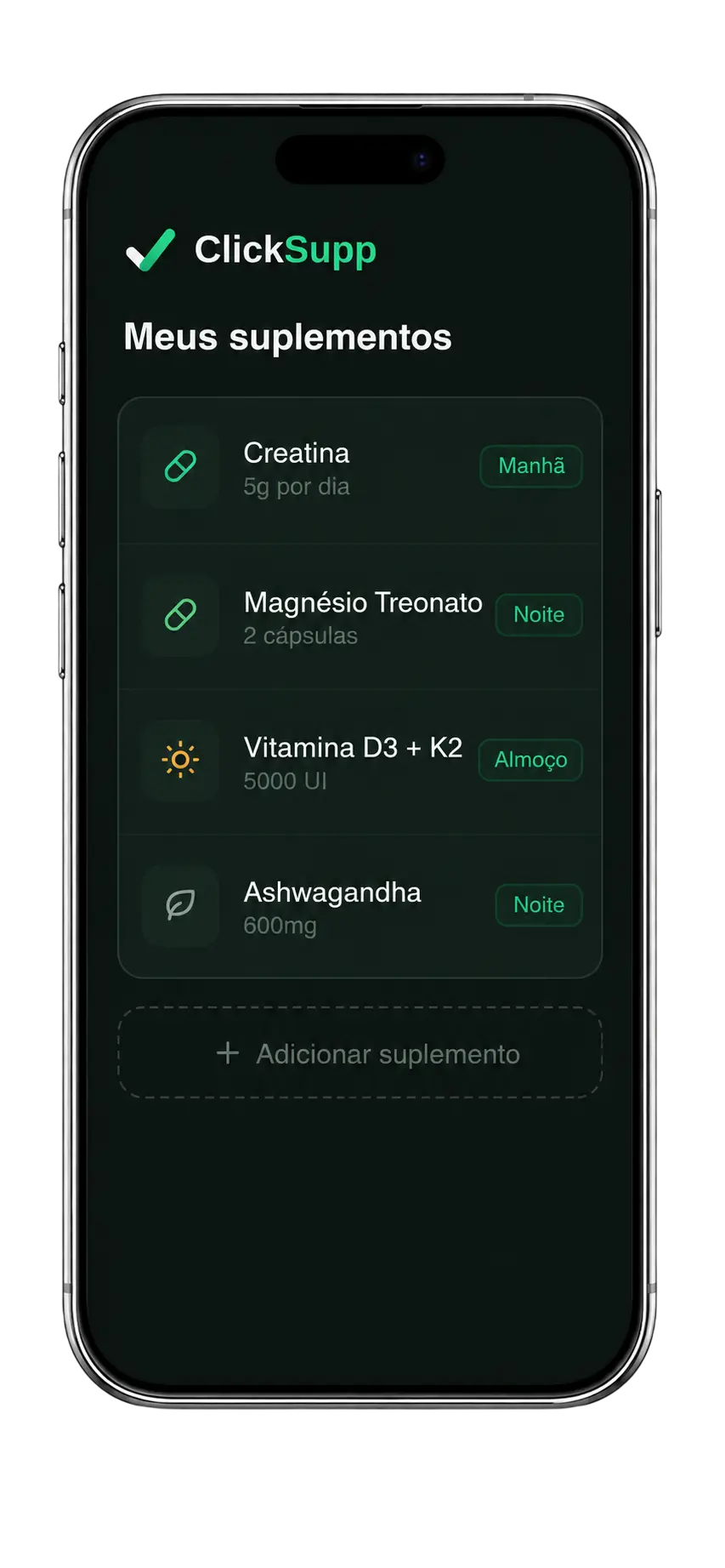 Tela de Meus suplementos organizada no app ClickSupp