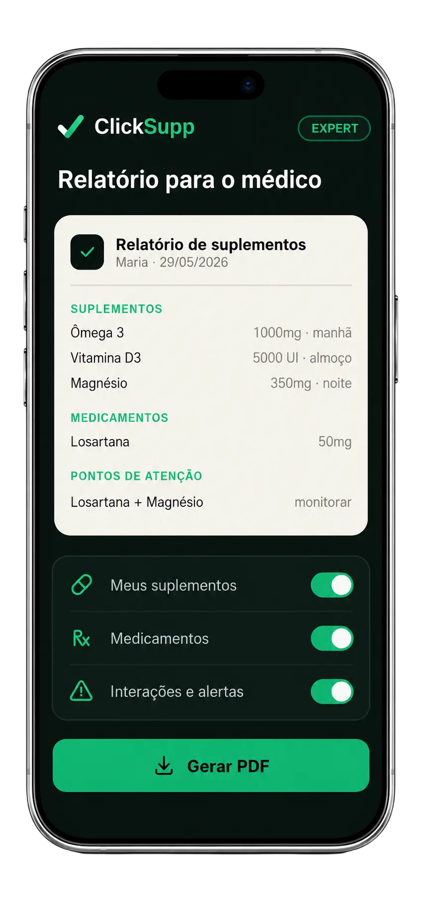 Relatório em PDF gerado pelo ClickSupp para levar ao médico